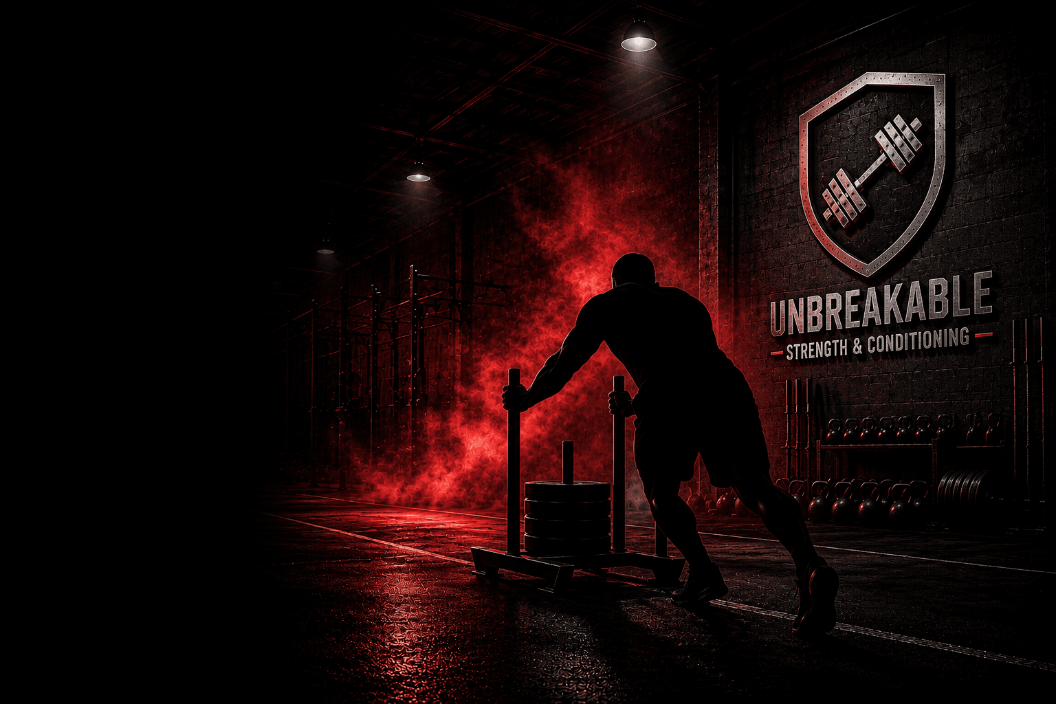 Unbreakable Strength and Conditioning athlete pushing a sled